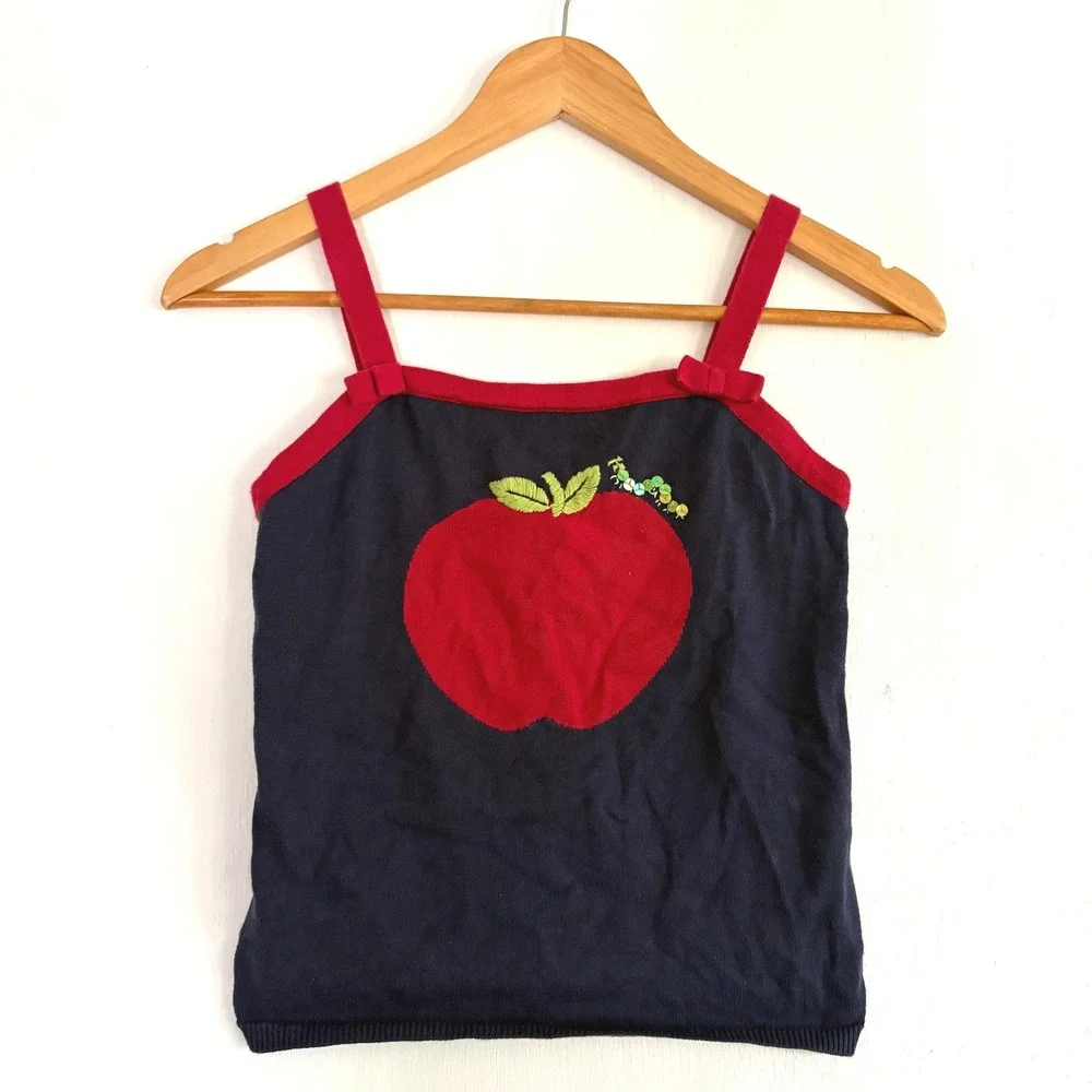 Vintage Gymboree 2003 Apple Caterpillar Sequin Knit Tank Top Navy Red Size 9